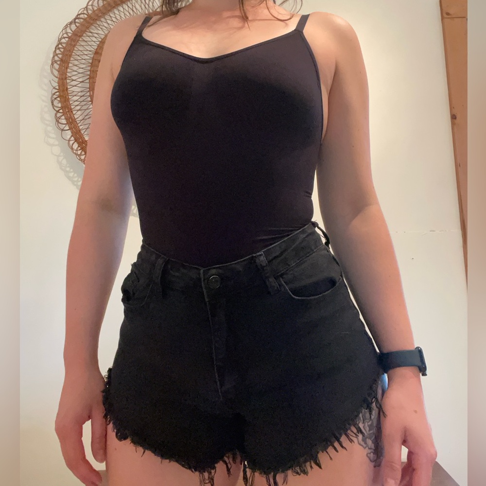 High waisted black denim shorts